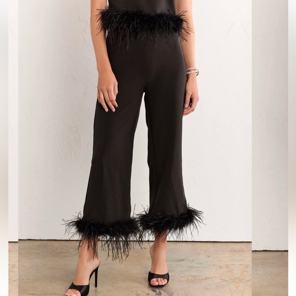 Cropped Feather-Hem Wide-Leg Pants - Black